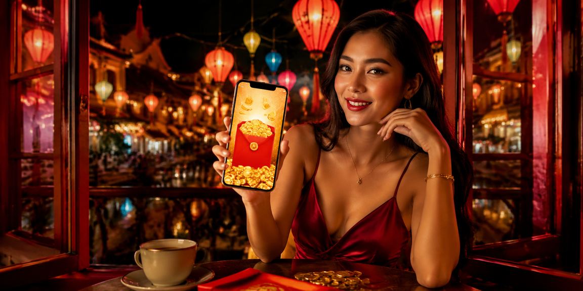 Phong bì đỏ truyền thống Tết Huế bên tách cà phê — hình ảnh tiền thưởng bonus theo văn hóa Việt Nam